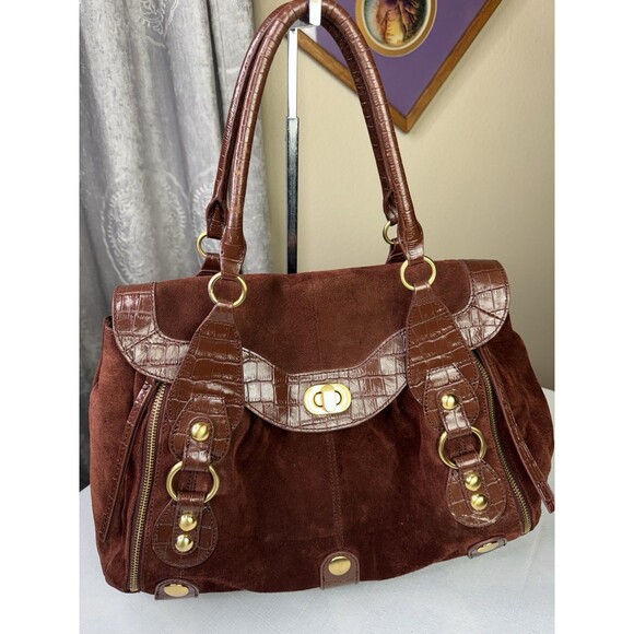 MAXX New York Satchel Purse Suede Leather Croc Embossed Gold Brown Preowned - Picture 1 of 16